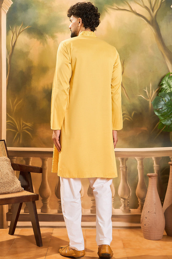 Yellow Silk Blend Solid Embroidered Straight Kurta | SHOBITAM