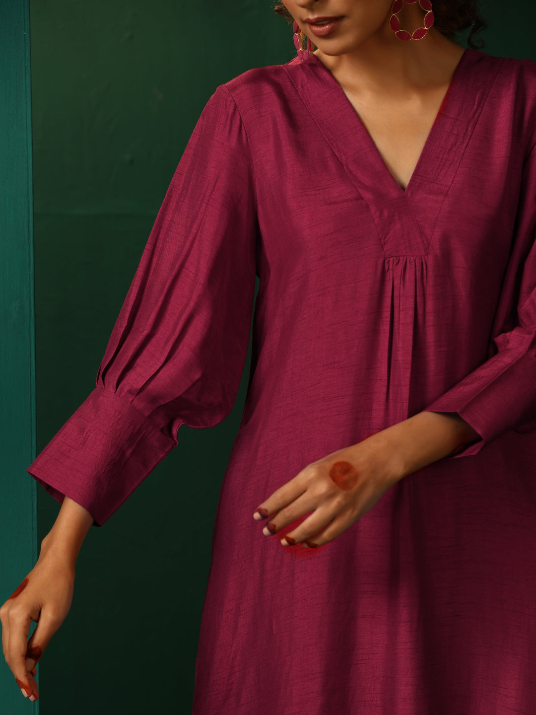 Maroon Silk Puff Sleeve Kurta Pant Set | SHOBITAM