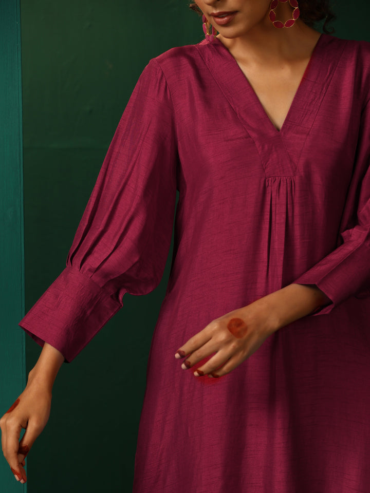 Maroon Silk Puff Sleeve Kurta Pant Set | SHOBITAM
