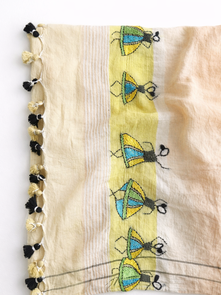 Yellow Handloom Cotton Kantha Stitch Saree with pompoms | SHOBITAM
