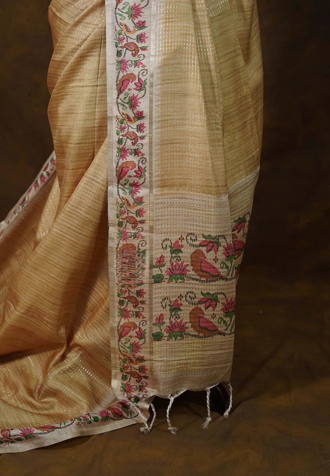 Semi Tussar Sandal Brown Saree with Zari stripes and details| SHOBITAM