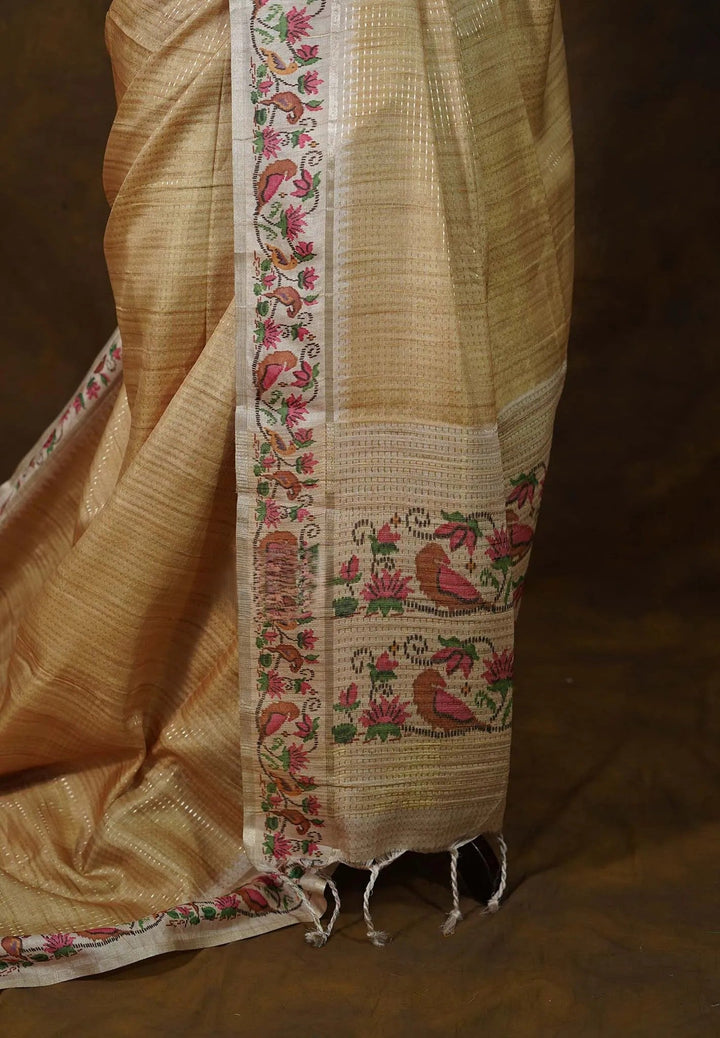 Semi Tussar Sandal Brown Saree with Zari stripes and details| SHOBITAM