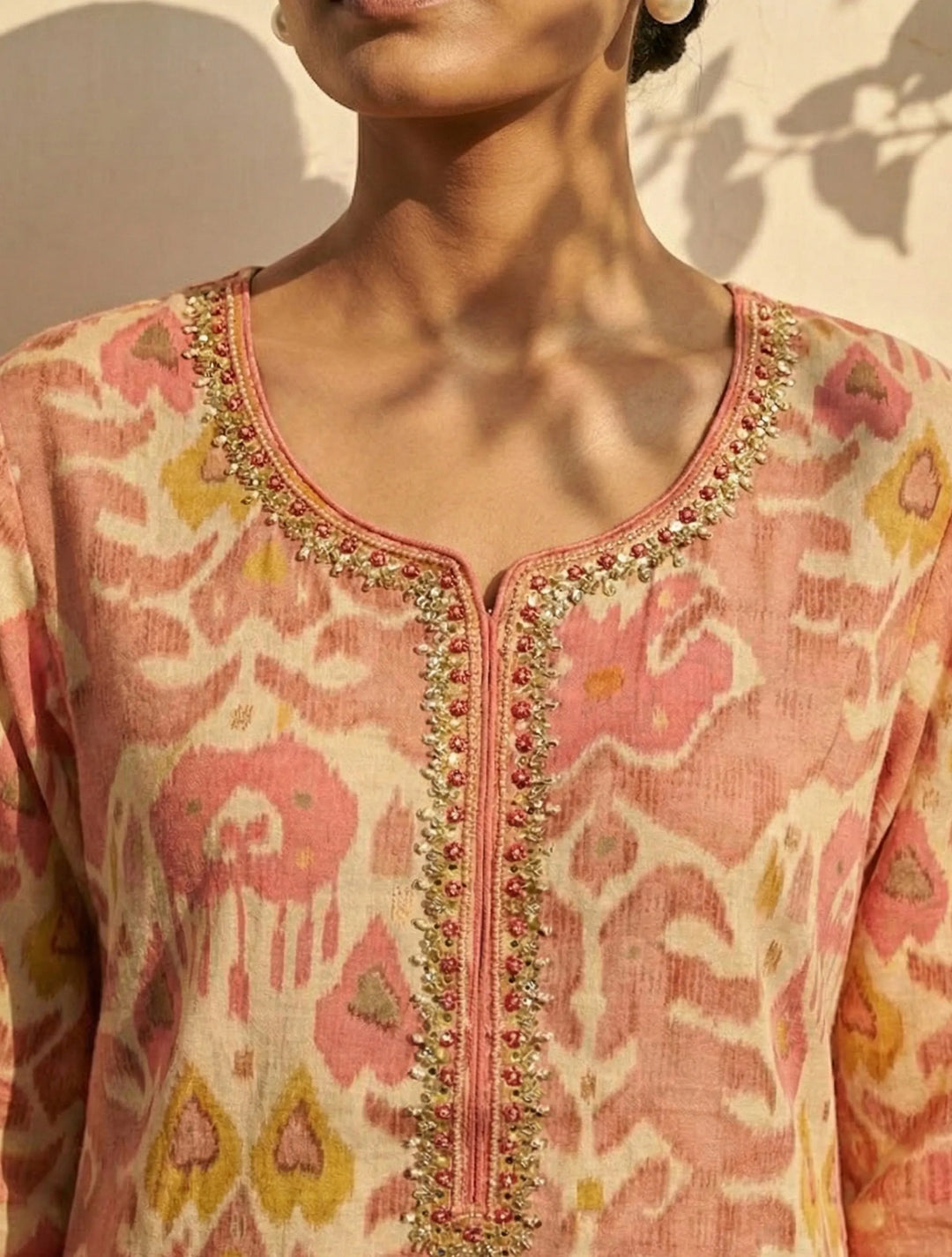 Peach Ikat Print Embroidered Kurta Pant Dupatta Set | SHOBITAM