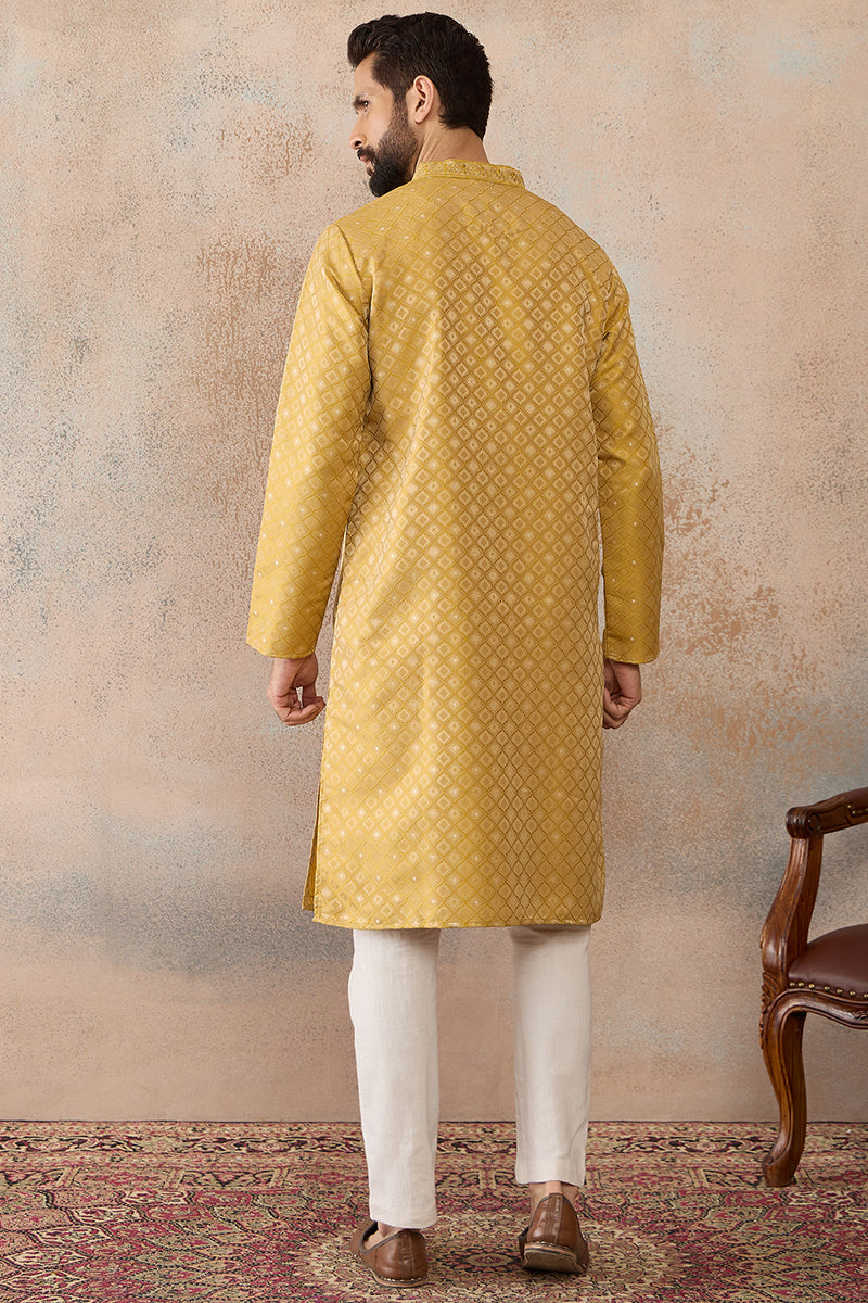 Mens Yellow Jacquard Ethnic Motifs Embroidered Kurta  | SHOBITAM