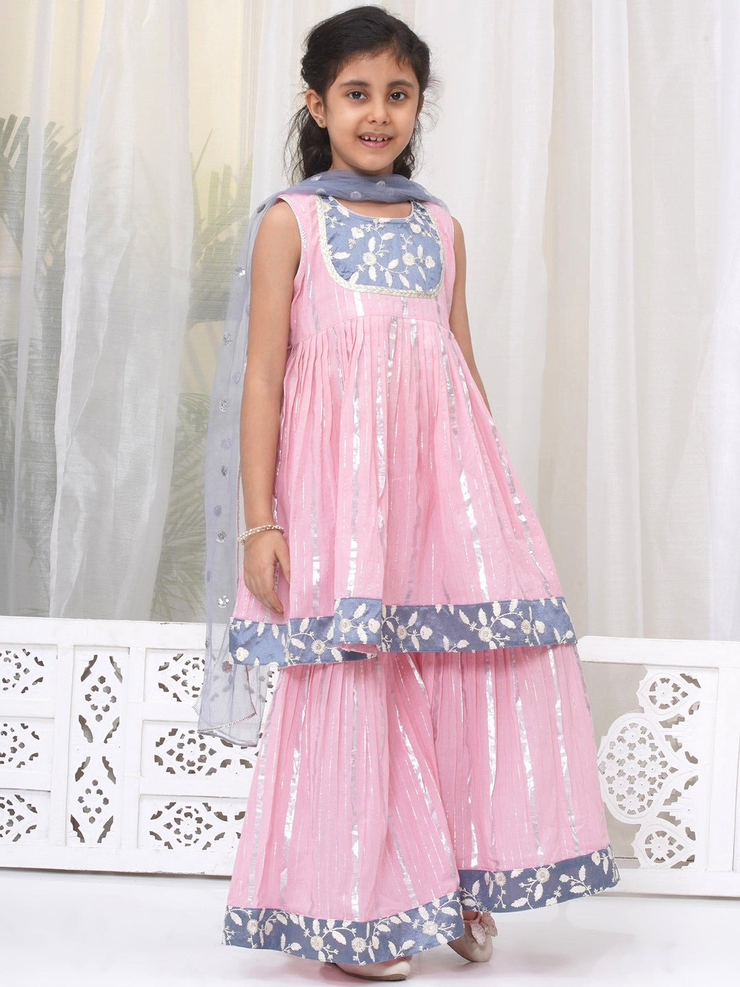 Girls Cotton Sleeveless White Thread Floral Embroidery Kurta Frock with Sharara and Dupatta - Pink | SHOBITAM