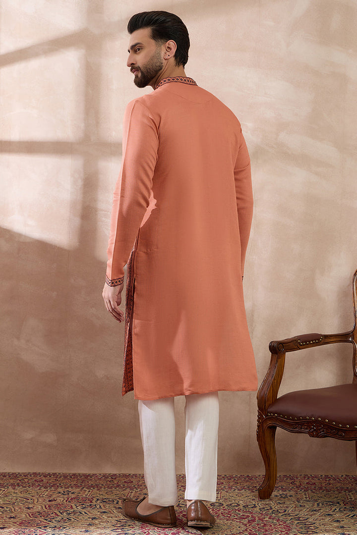 Orange Silk Blend Embroidered Mandarin Collar Straight Kurta For Men | SHOBITAM