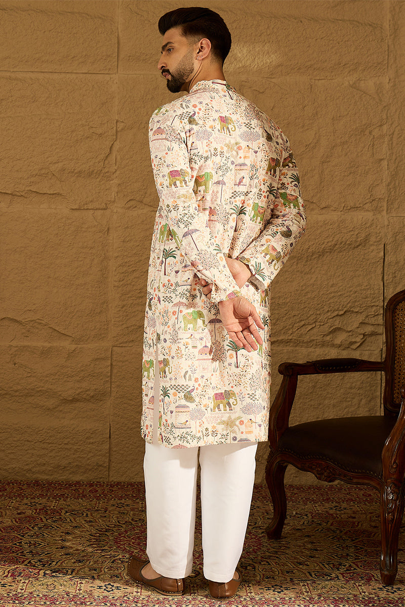 Cream Viscose Rayon Ethnic Motifs Printed Straight Kurta | SHOBITAM