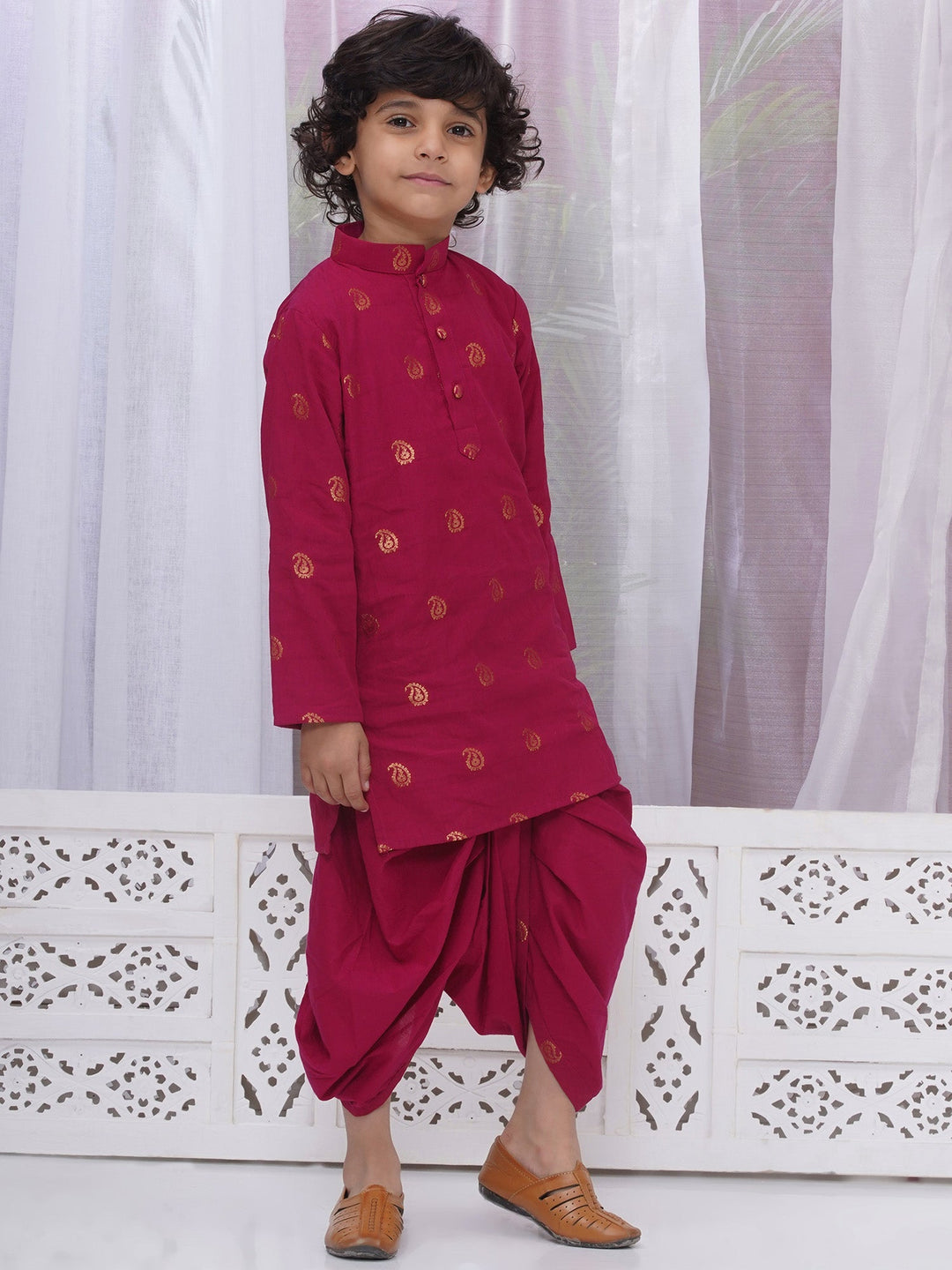 Boys Cotton Full Sleeves Kurta and Dhoti with Golden Paisley Zari Work- Rani | SHOBITAM
