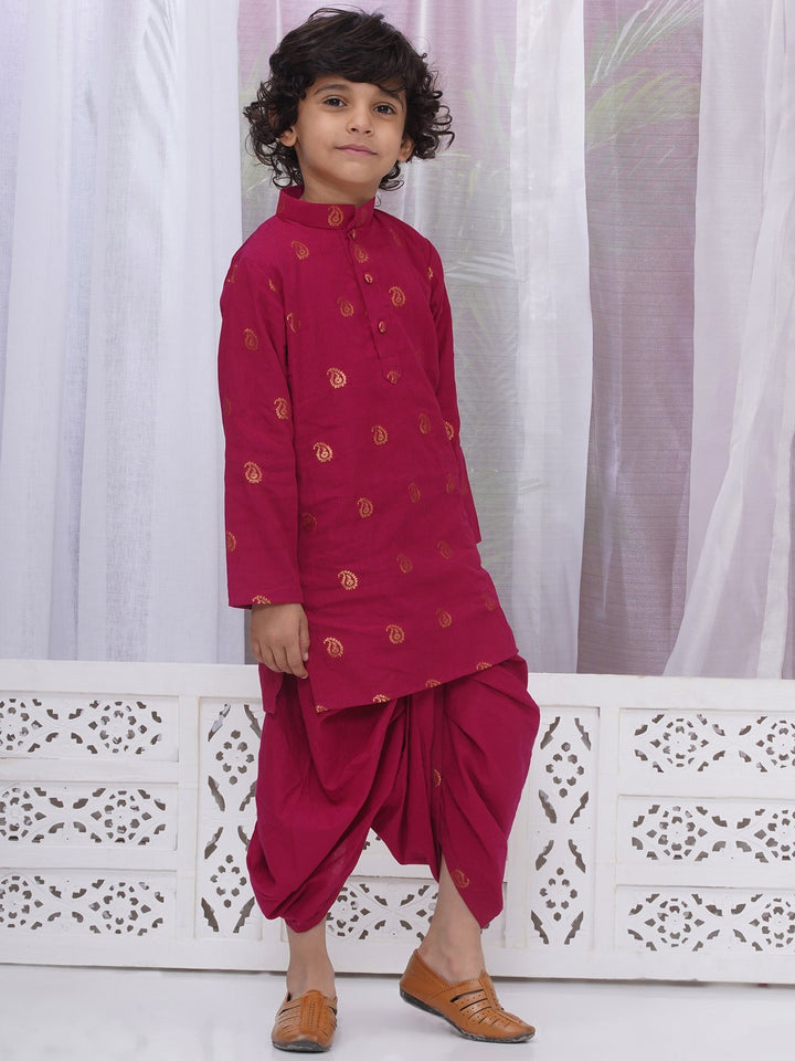 Boys Cotton Full Sleeves Kurta and Dhoti with Golden Paisley Zari Work- Rani | SHOBITAM