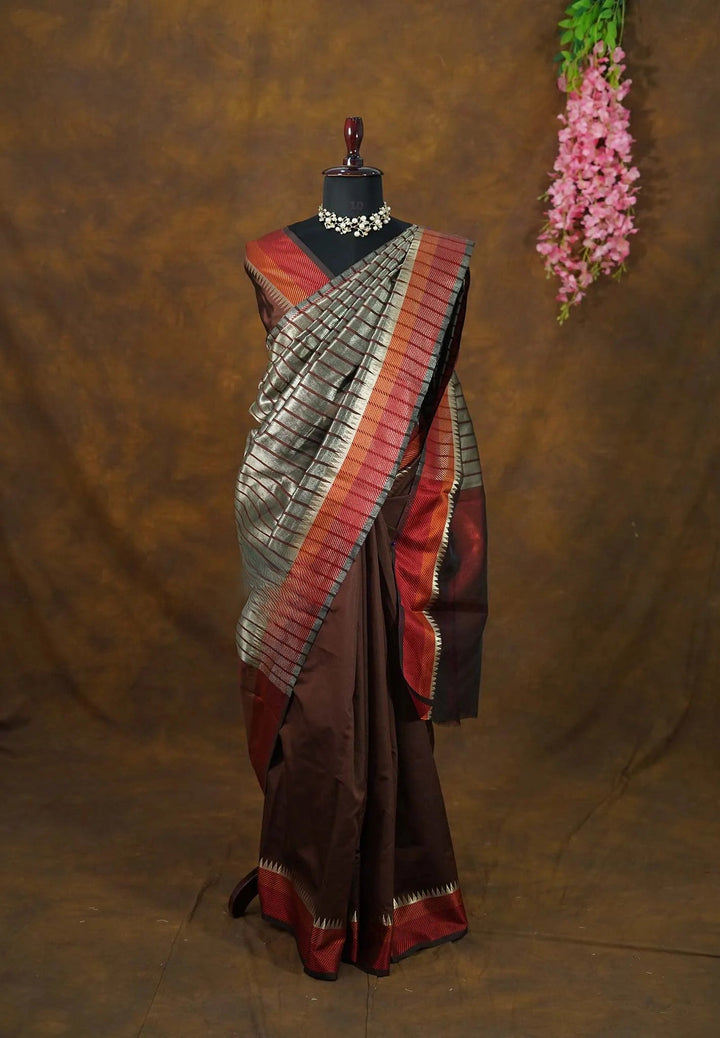 Taupe Grey and Brown - Patli Pallu Saree in Semi Silk Cotton | SHOBITAM