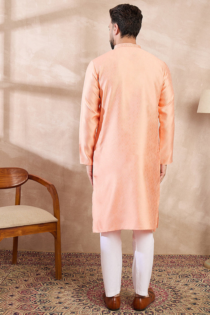 Peach Silk Blend Solid Embroidered Straight Kurta | SHOBITAM