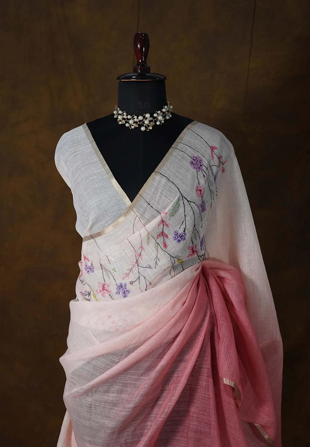 Preorder : Linen Cotton Saree with Gradient Ombre tone and Floral Digital Prints | SHOBITAM