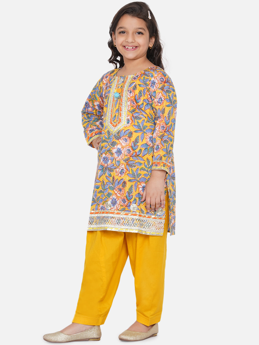 Girls Punjabi Floral work Kurta with Salwar & Dupatta in yellow | SHOBITAM