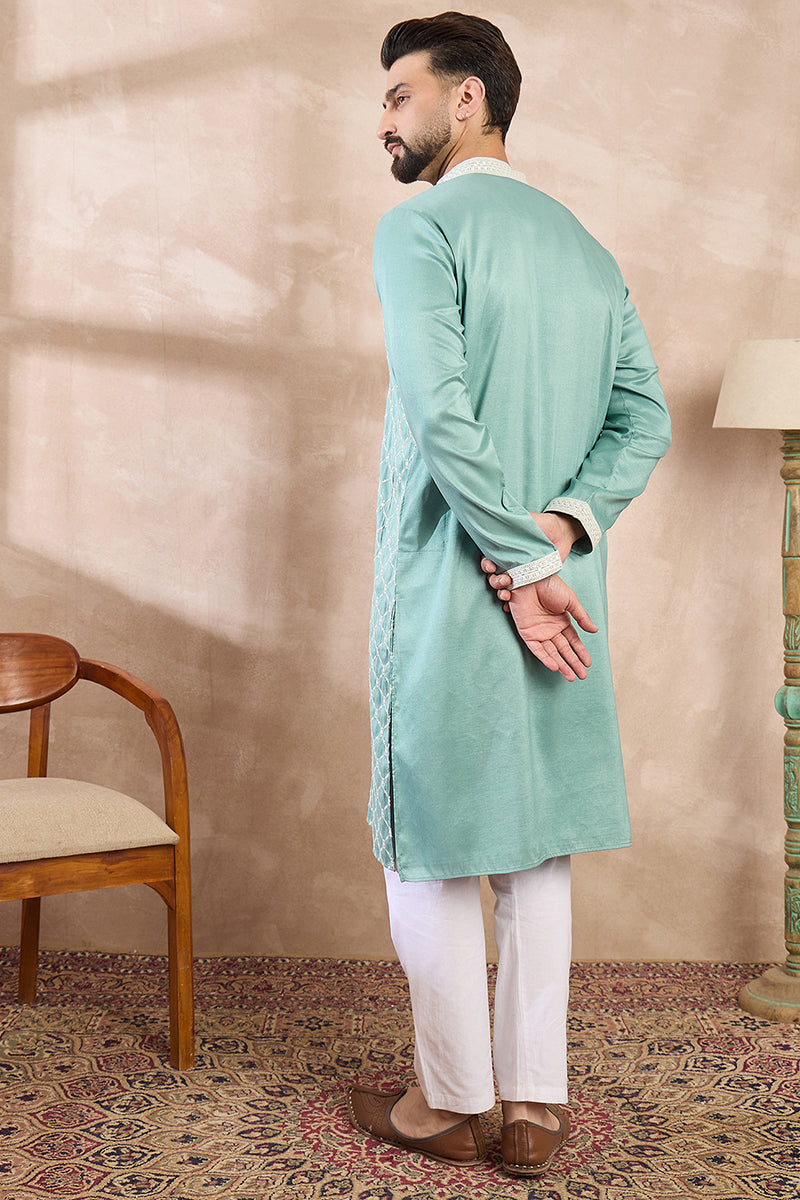 Teal Silk Blend Geometric Embroidered Straight Kurta | SHOBITAM