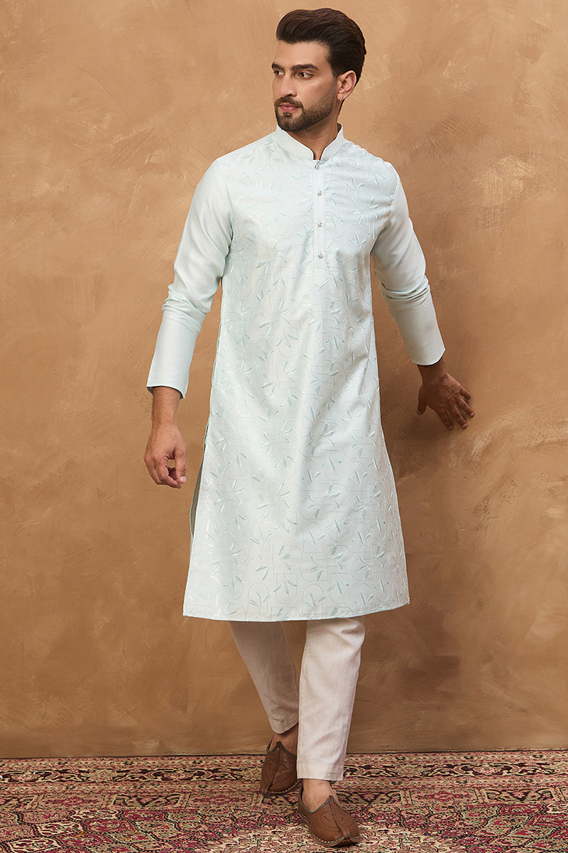 Blue Silk Blend Solid Embroidered Straight Kurta | SHOBITAM
