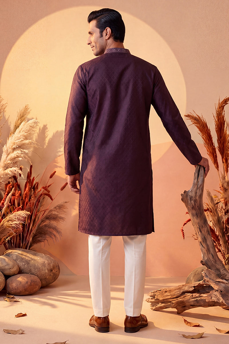 Mens Purple Silk Blend Woven Design Straight Kurta With Trouser | SHOBITAM