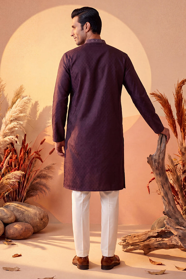 Mens Purple Silk Blend Woven Design Straight Kurta With Trouser | SHOBITAM