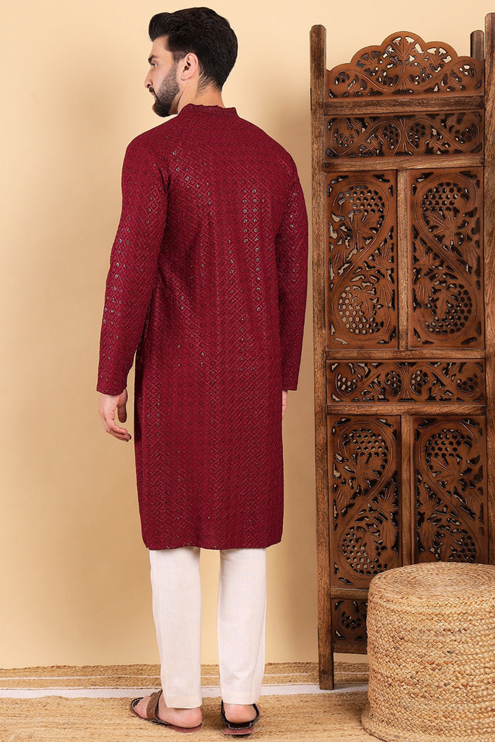 Maroon Viscose Rayon Solid Embroidered Straight Kurta For Men | SHOBITAM