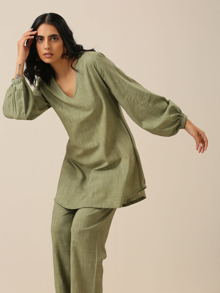 Sage Slub Textured Short Co-Ord Set | SHOBITAM
