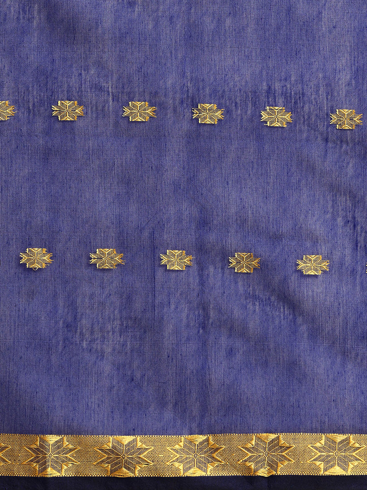 Blue and Red Zari Buti Silk Cotton Saree with Contrast Pallu and Blouse Piece