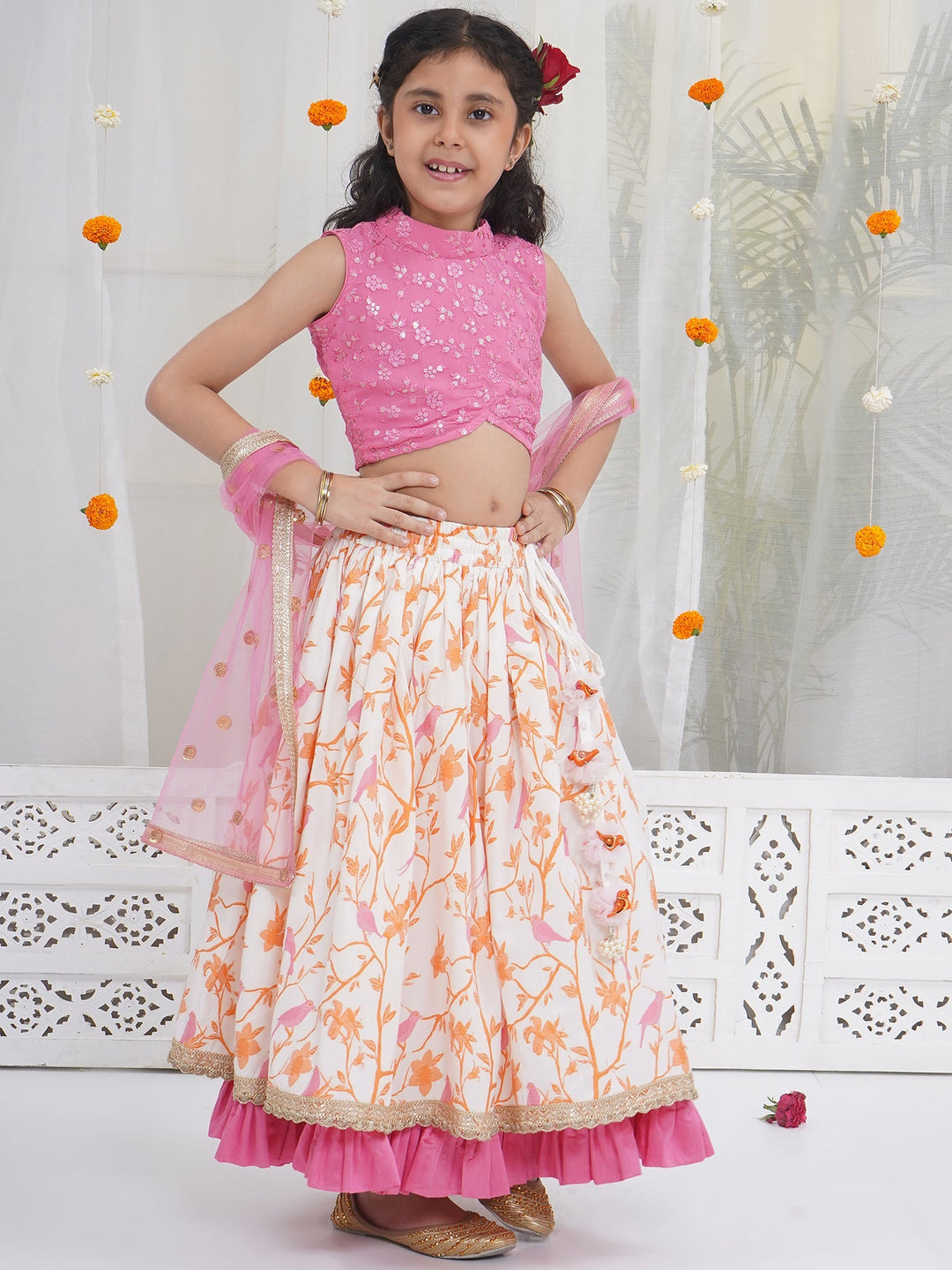 Girls Bird and Floral Embroidery Lehenga Set | SHOBITAM