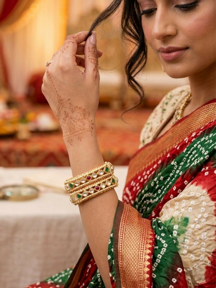 Gold Plated Multicolour Silm Polki Bangles  | SHOBITAM