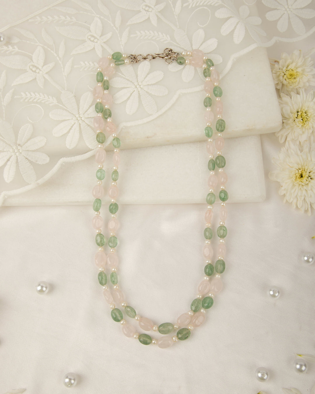 Pastel Affair- Rose Quartz with Aventurine 2 Layer Mala | SHOBITAM