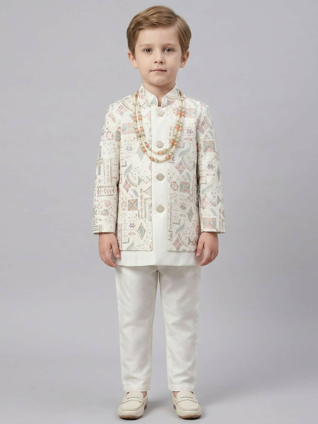 Boys White Kurta Pajama Set with Printed Ethnic Jacket | SHOBITAM