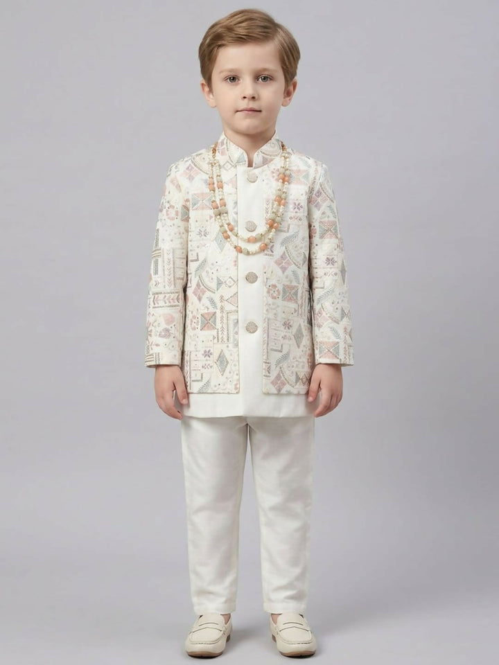 Boys White Kurta Pajama Set with Printed Ethnic Jacket | SHOBITAM