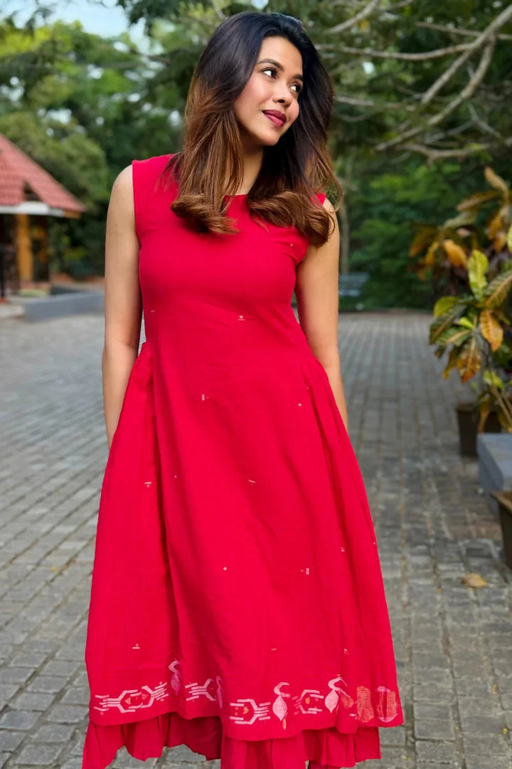 Radiance Red Layered Jamdani Dress | SHOBITAM