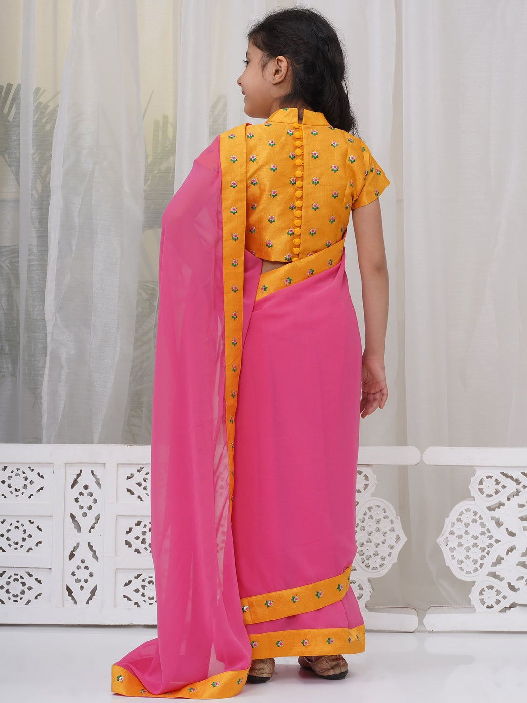 Girls Brocade Short Sleeves Sequin Floral Embroidery Ready to wear Blouse with Ready to wear Georgette Saree - Pink | SHOBITAM