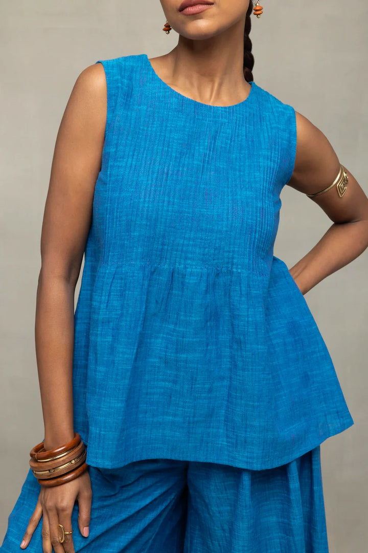 Azure Blue Textured Co-Ord Set with Sleeveless Top & Wide-Leg Pants | SHOBITAM