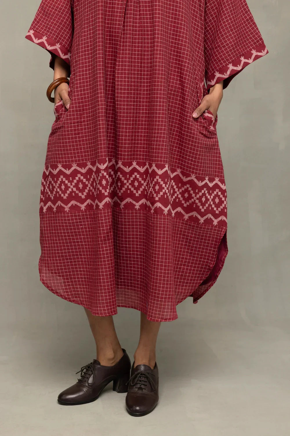 Crimson Checkered Jamdani Kaftan Dress | SHOBITAM