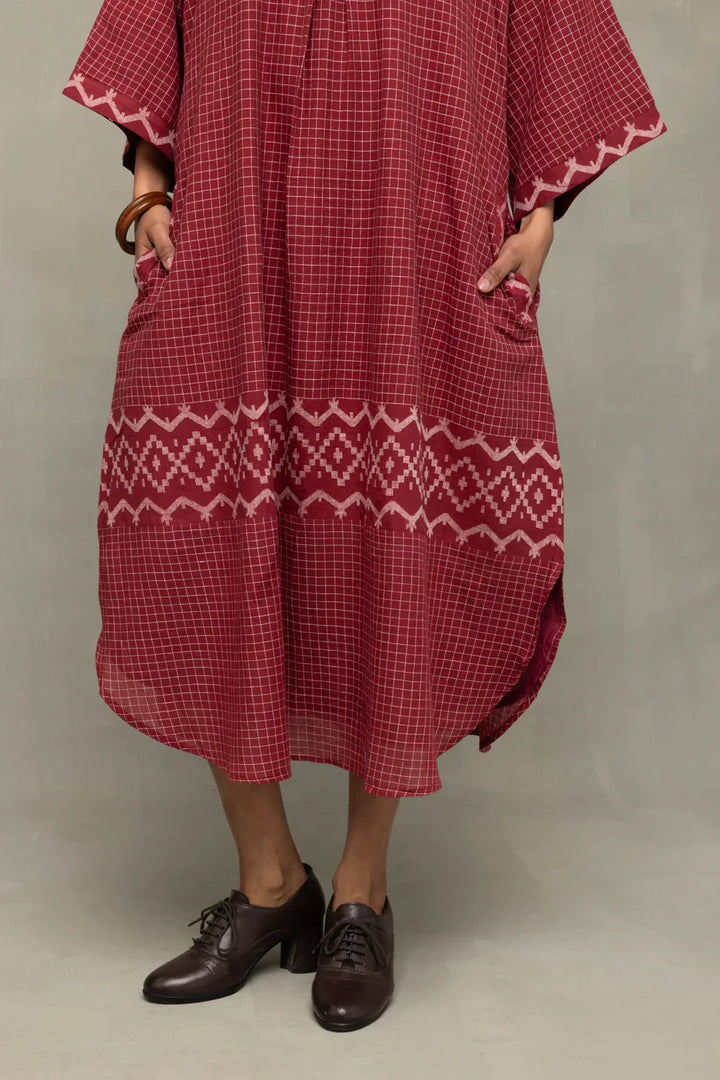 Crimson Checkered Jamdani Kaftan Dress | SHOBITAM