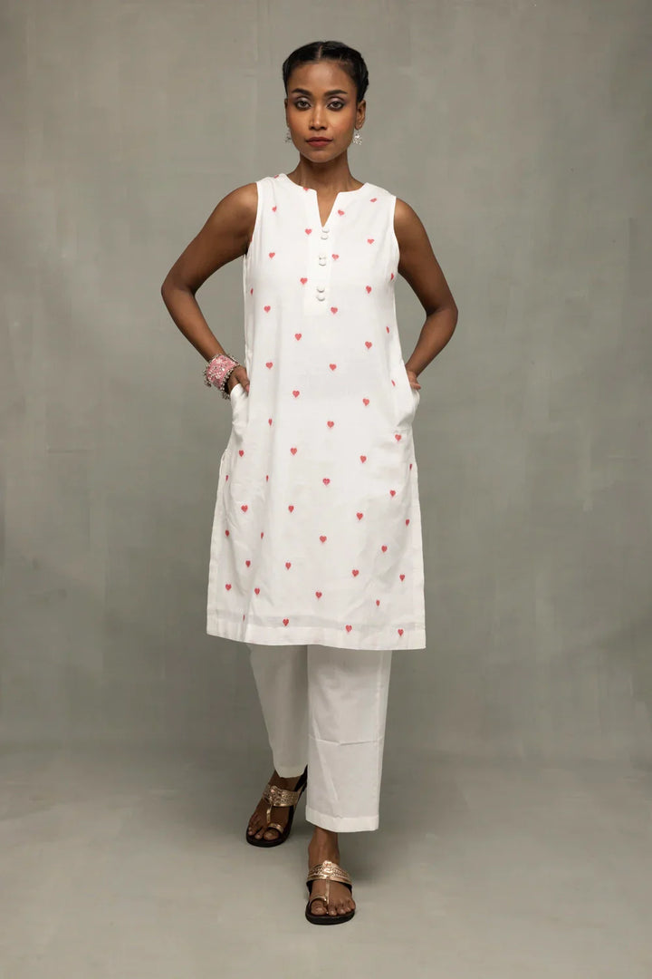 White & Red Hearts South Cotton Kurta Set With Dupatta | SHOBITAM