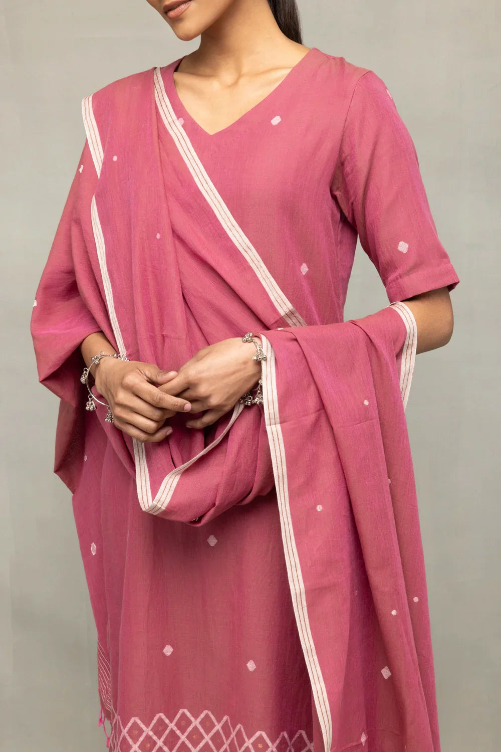 Dusty Rose Cross Motifs Jamdani Kurta Set With Dupatta | SHOBITAM