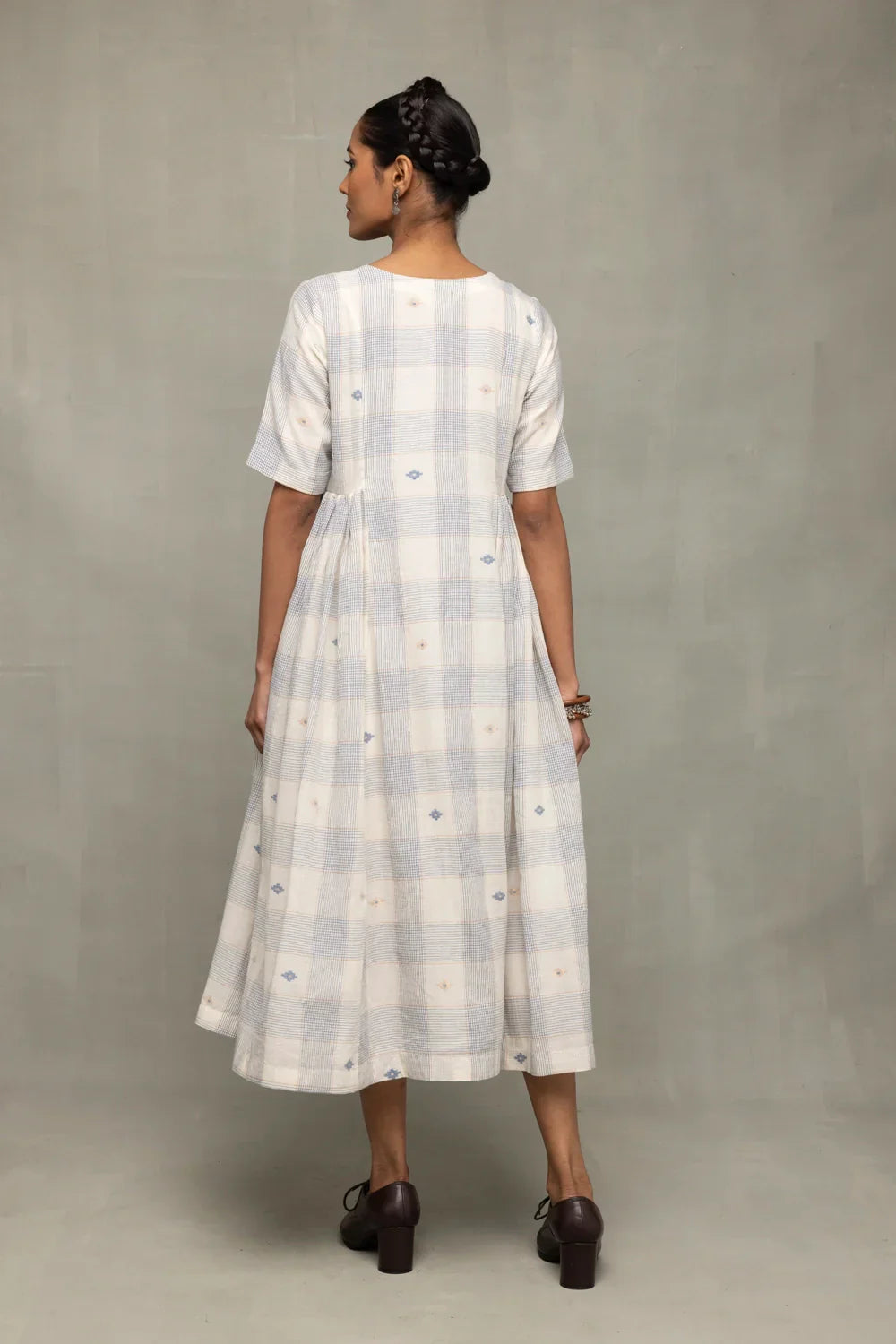 Ivory & Blue Checkered Jamdani Dress | SHOBITAM