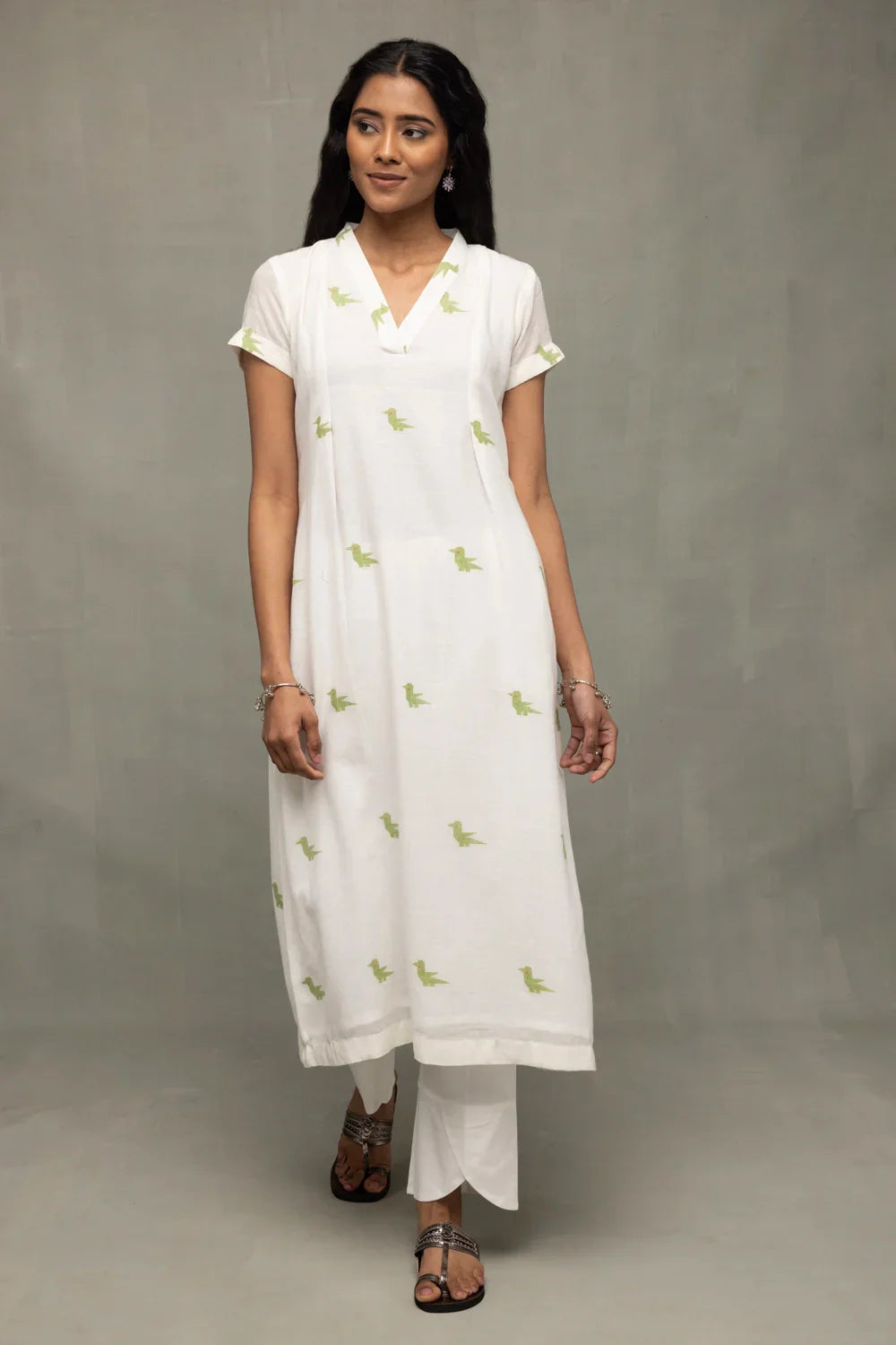 Ivory & Sage Green Bird Motif Jamdani Kurta Set with Dupatta | SHOBITAM