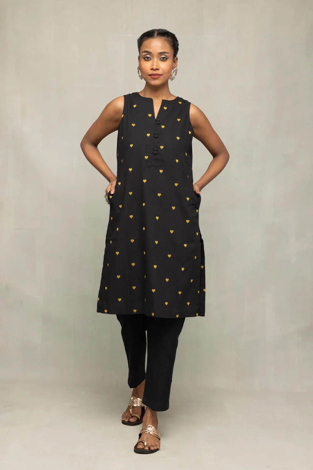 Black & Yellow Hearts South Cotton Kurta Set With Dupatta | SHOBITAM