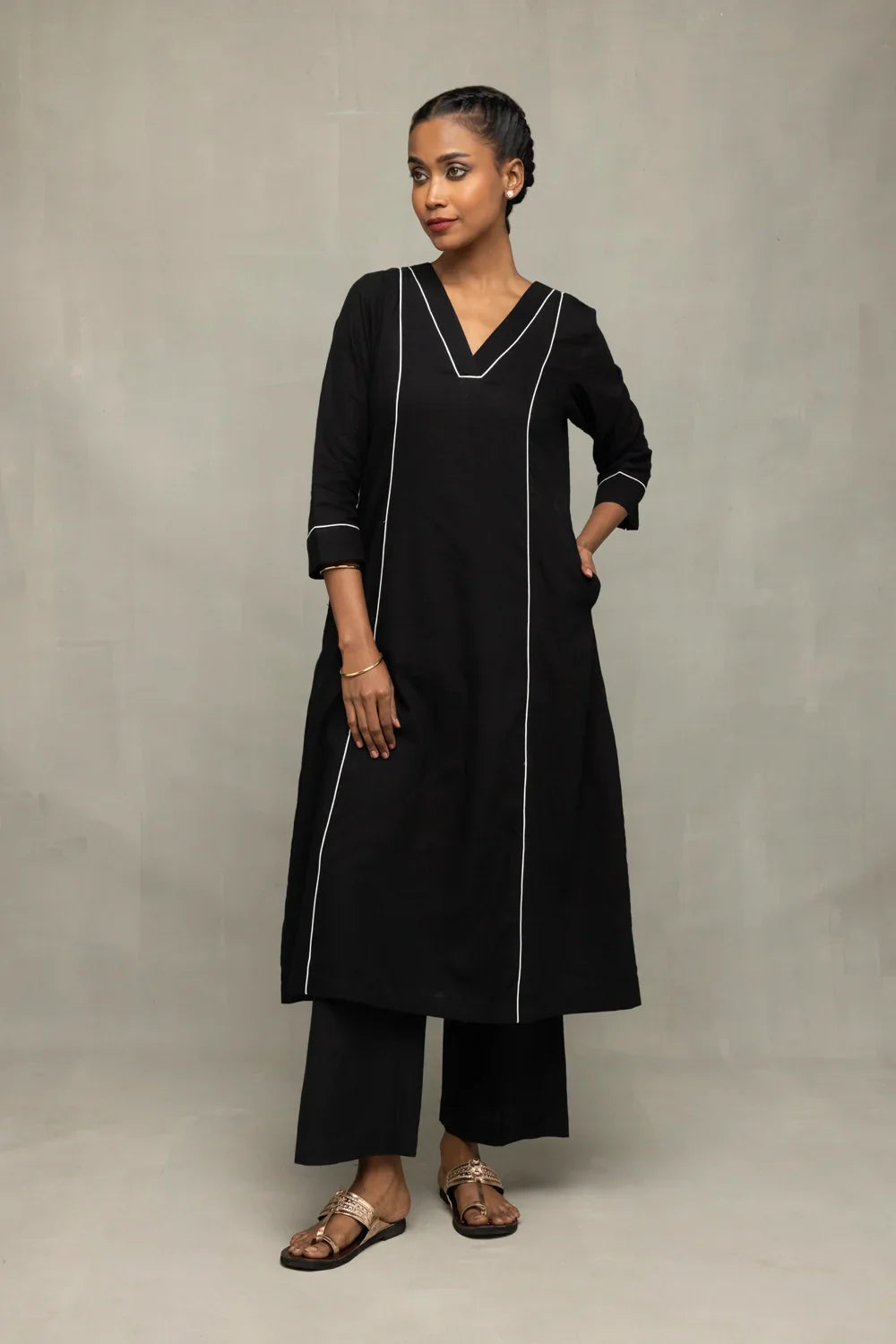 Black Bengal Cotton Kurta Set With Jamdani Dupatta | SHOBITAM