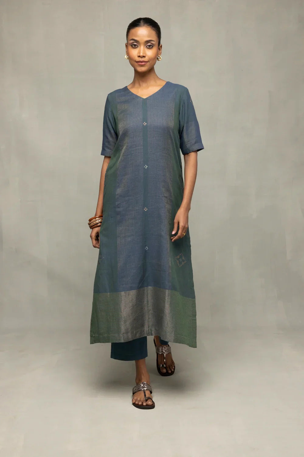Teal Green Jamdani Kurta Set with Silver Zari Border and Dupatta