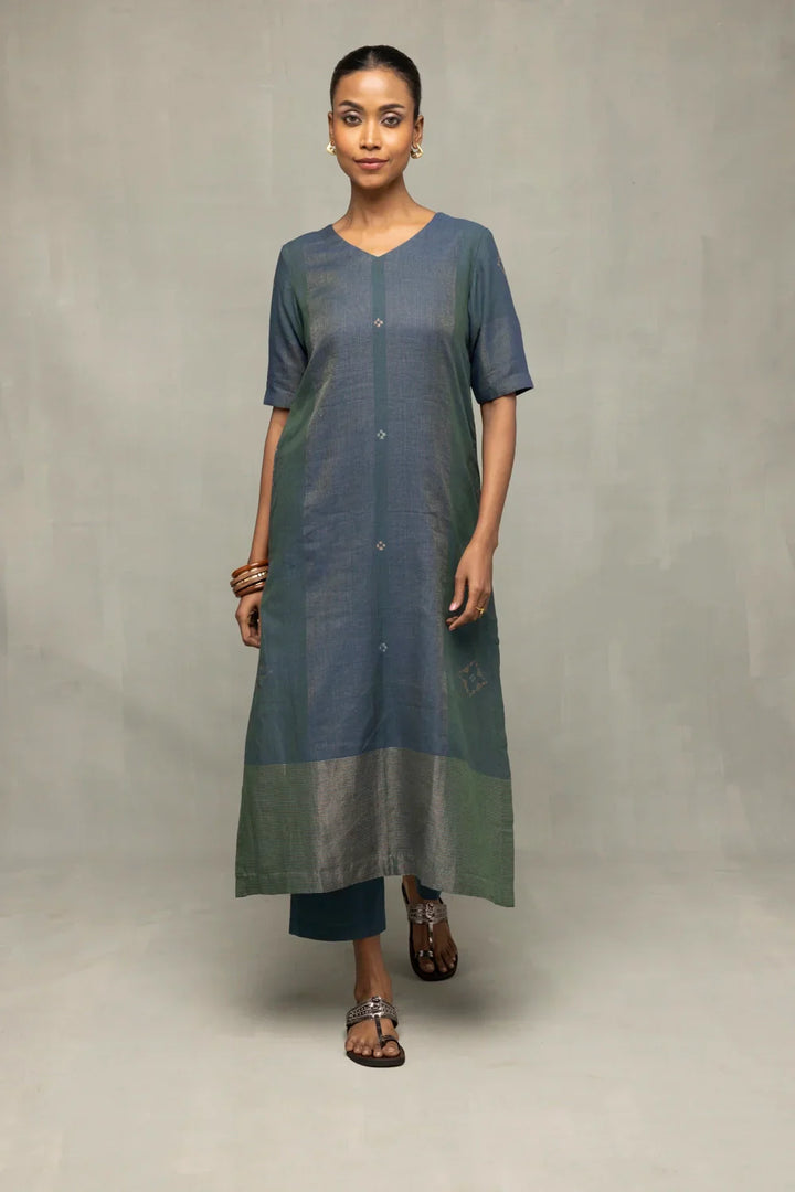 Teal Green Jamdani Kurta Set with Silver Zari Border and Dupatta