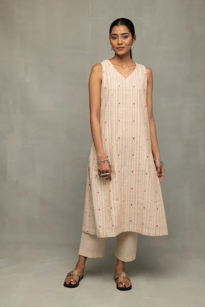 Cream and Pink South Cotton Zari Kurta Set With Dupatta