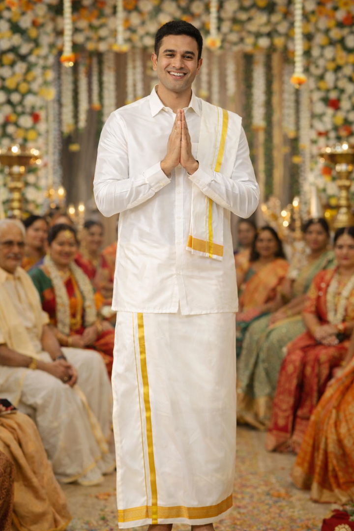 Handloom Pure Silk Dhoti with Angavastram, unstitched in White and Gold Zari Border | SHOBITAM