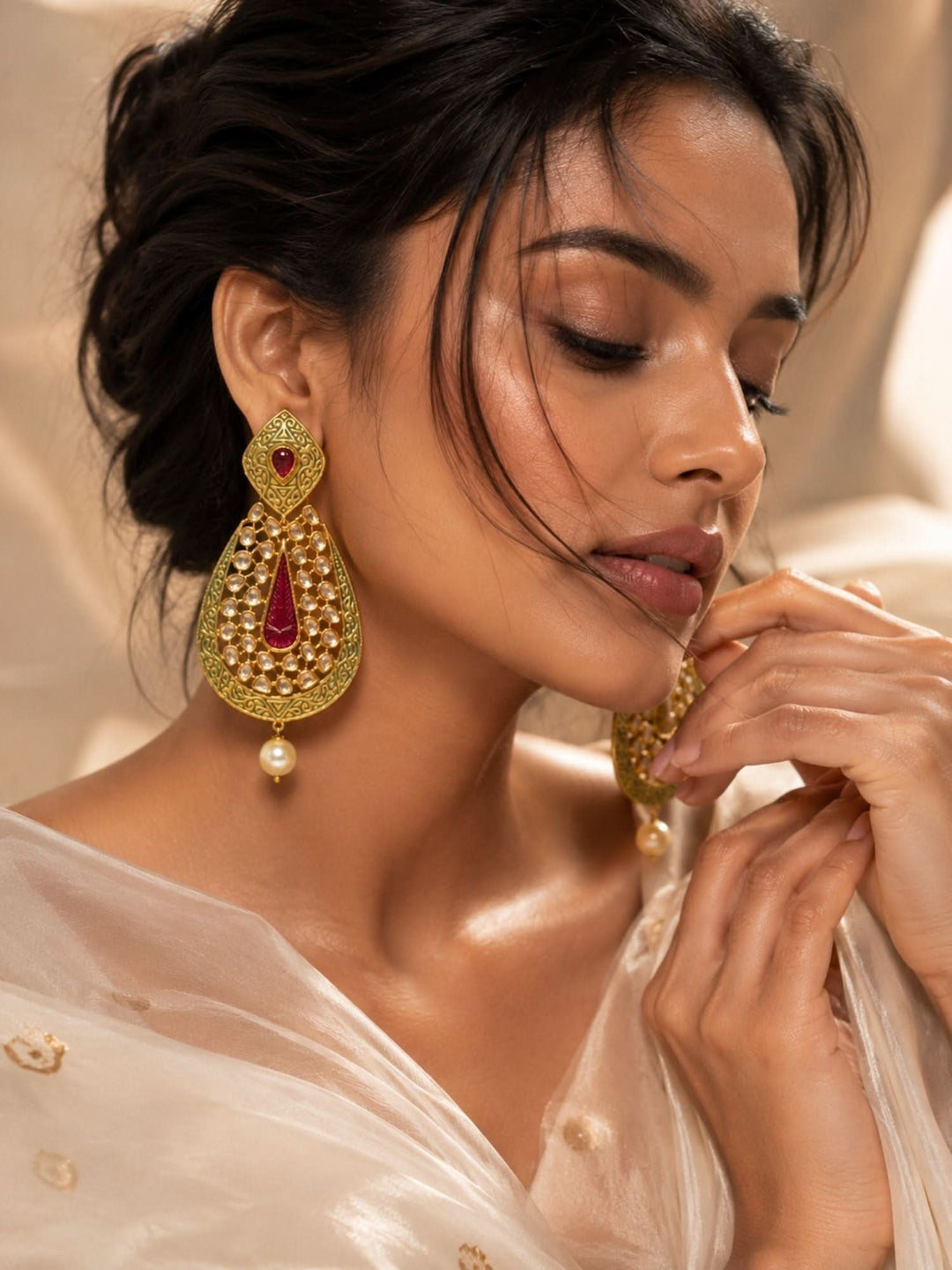 Ruby Green Kundan Statement Earrings – Pearl Drop Ethnic Earrings | SHOBITAM
