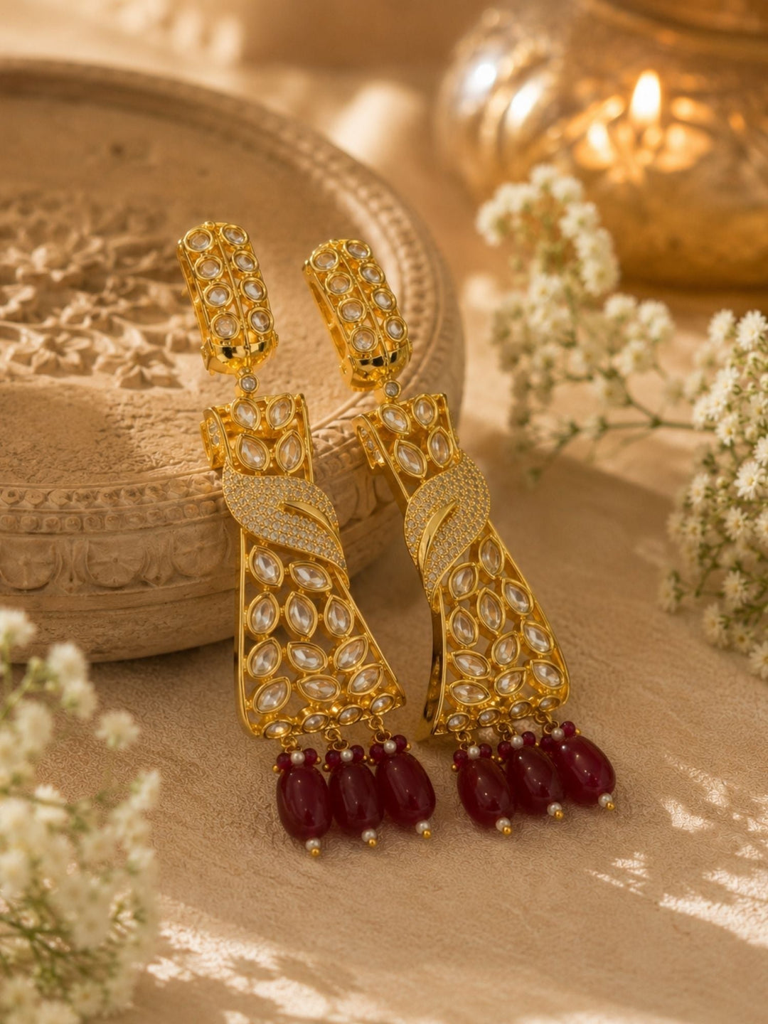 Ruby Kundan Drop Earrings in Gold Finish – Party Wear | SHOBITAM