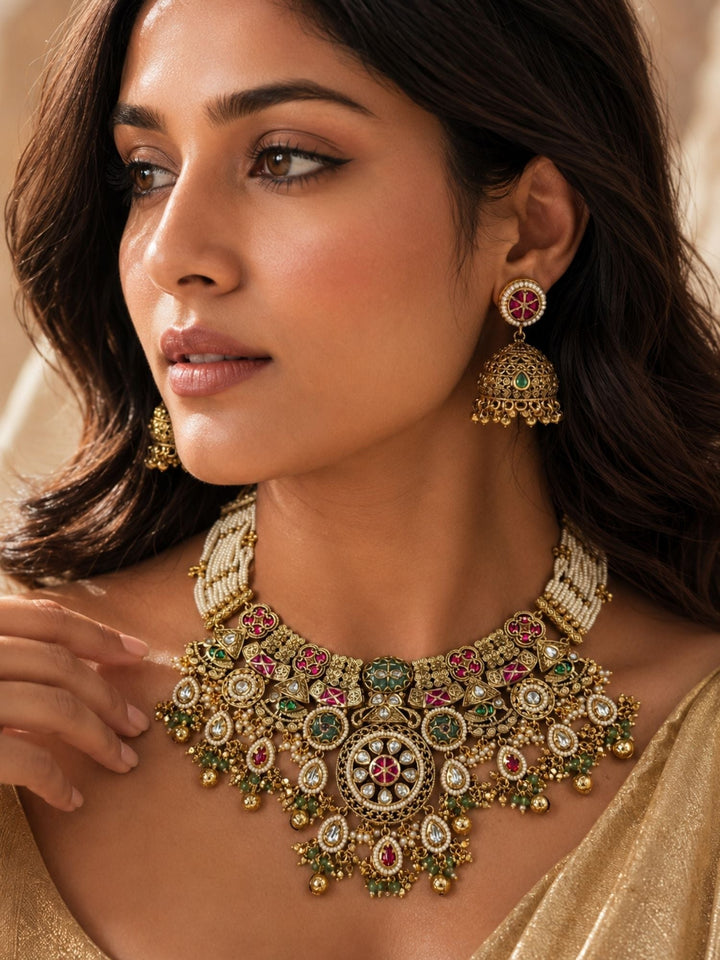 Antique Gold Temple Choker Necklace Set in Antique Gold – Bridal| SHOBITAM