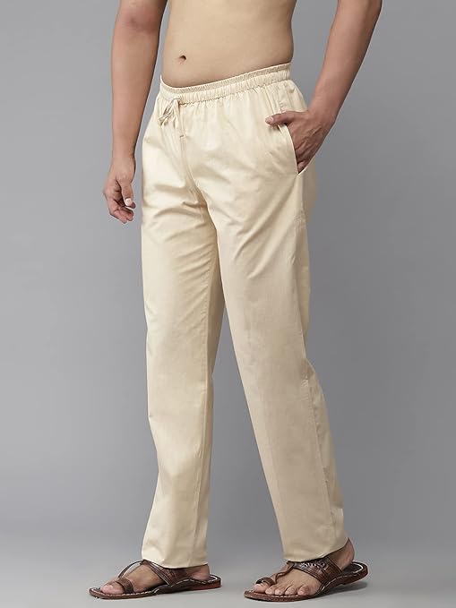 Men Beige Solid Pyjamas, two side pockets | SHOBITAM