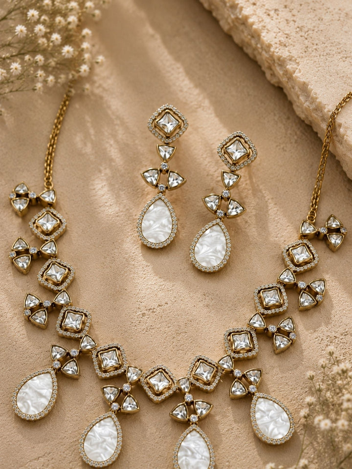 Victorian Gold Plated Mother of Pearl Necklace Set with Earrings | SHOBITAM