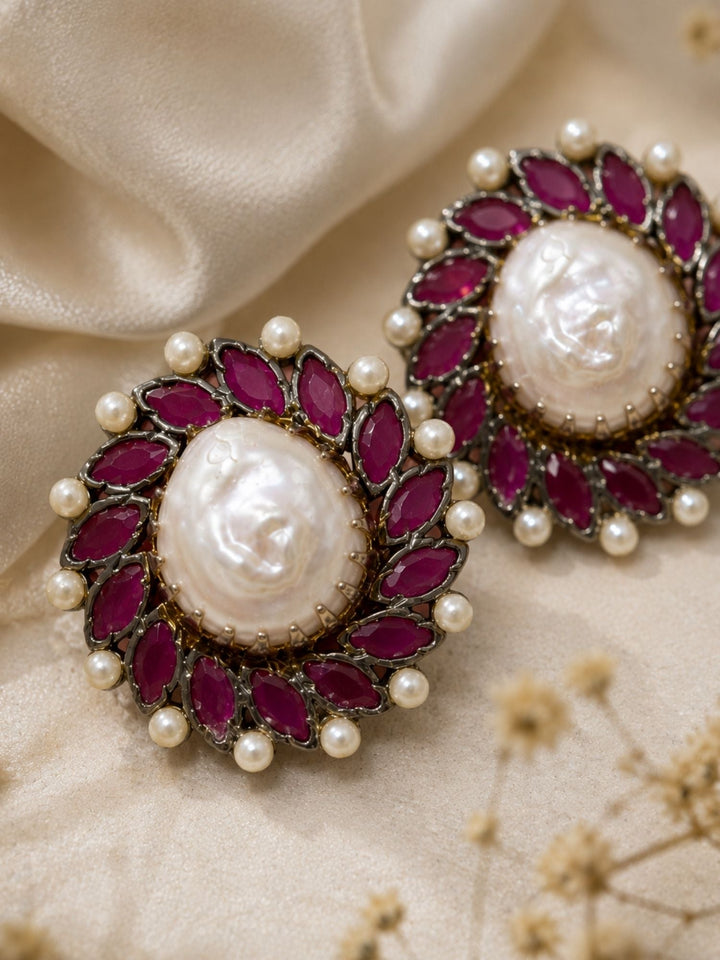 Royal Baroque Pearl Ruby Stud Earrings | SHOBITAM